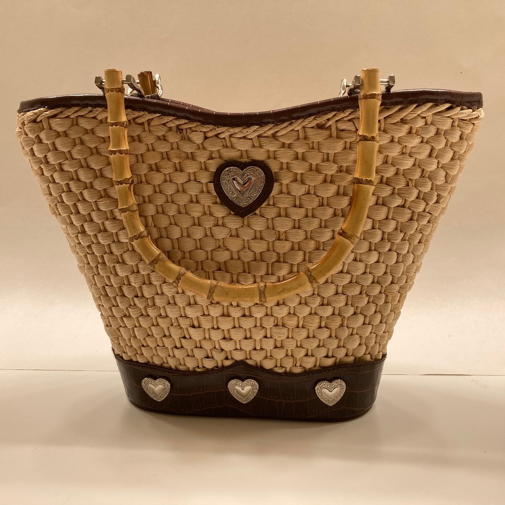 Straw tote with moc-croc trim, bamboo handles, silvery heart details